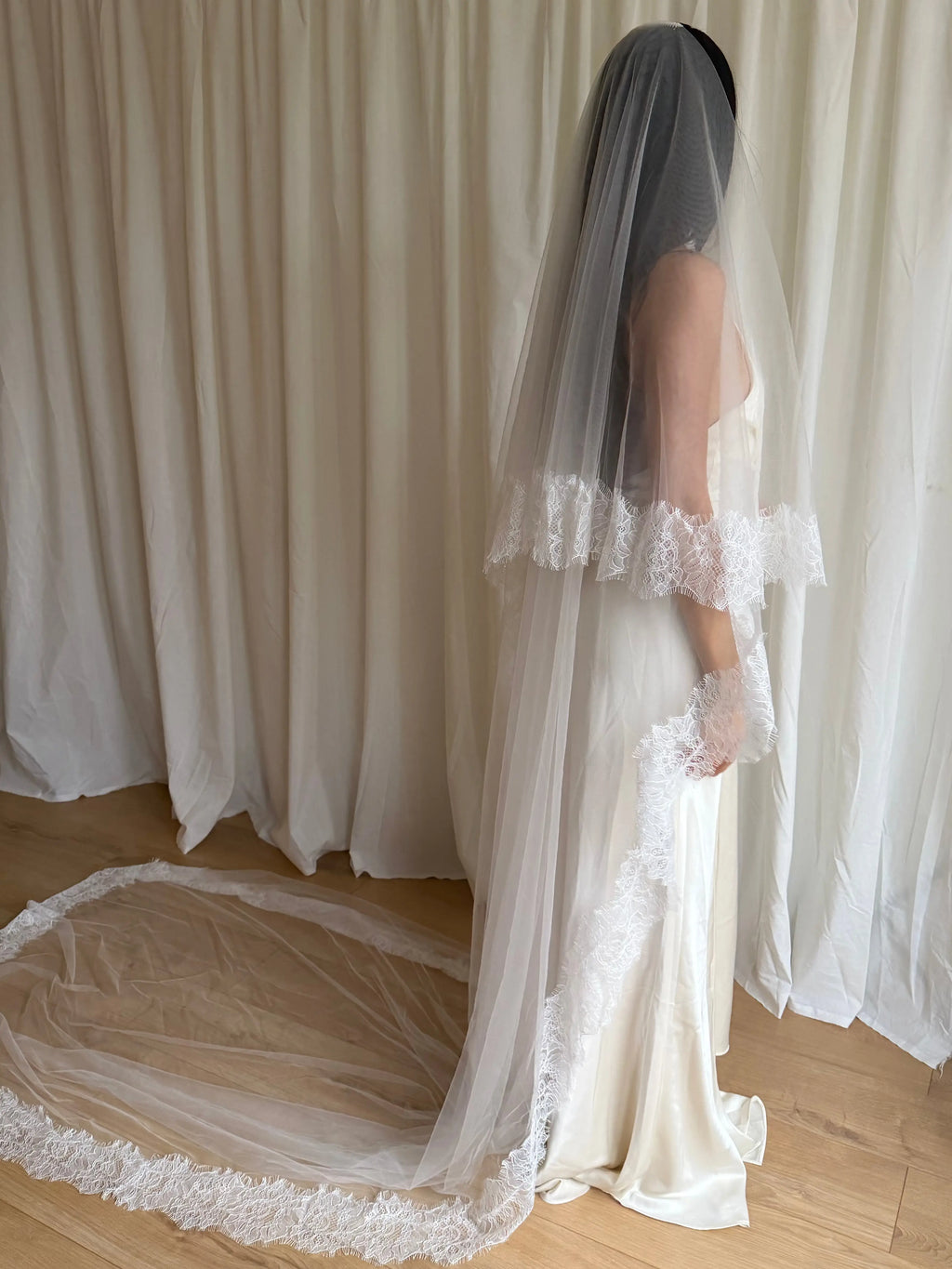 Lace trim soft tulle cathedral drop veil soft signature tulle
