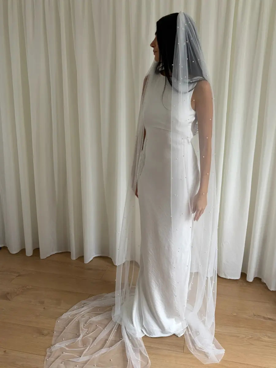 Pearl adorned wedding veil