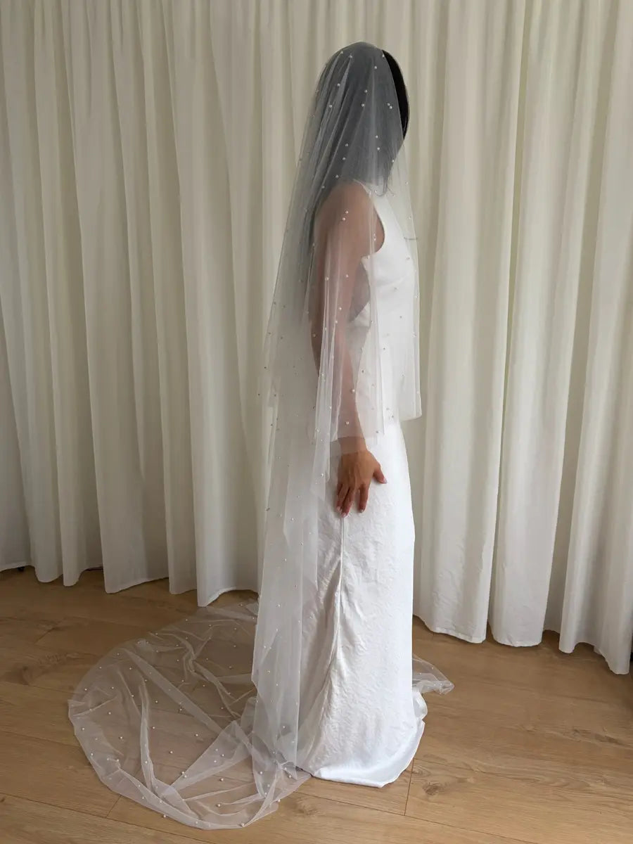 soft tulle pearl blusher veil